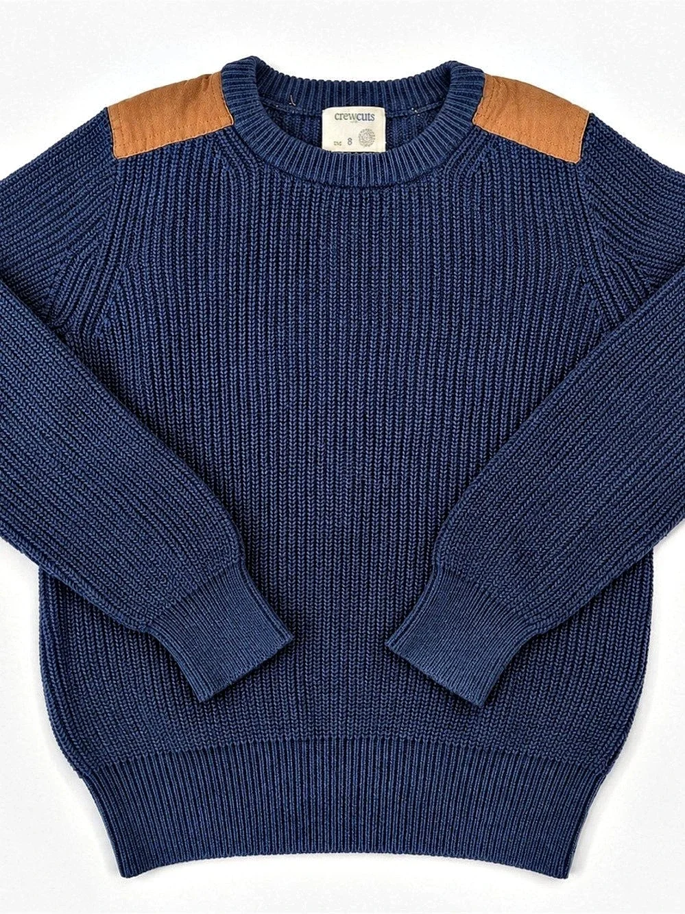 Crewcuts J.Crew Boys Size 8 Navy Ribbed Sweater Brown Shoulder Patches
